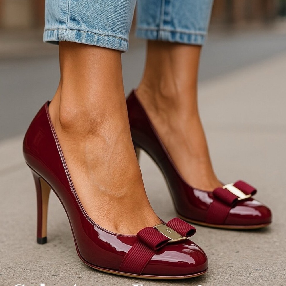 Salvatore Ferragamo $950 TINA Burgundy Patent Leather Platform Heels 7B